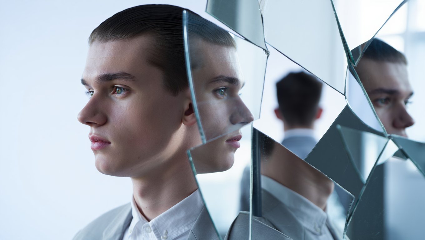 Мужчина и его отражения в осколках стекла